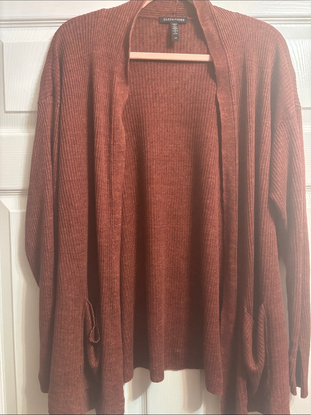Eileen Fisher Rust Organic Linen Open-Front Ribbed Cardigan - Size L
